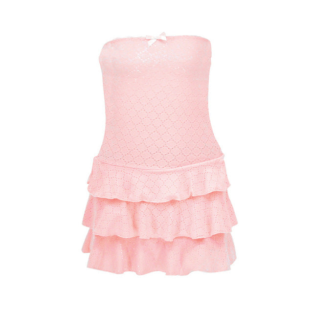 Taruxy Strpless Frill Tank Dress for Y2k Ribbed Knit Slim Vest Mini Dress Ruffled Bodycon Dresses Summer New