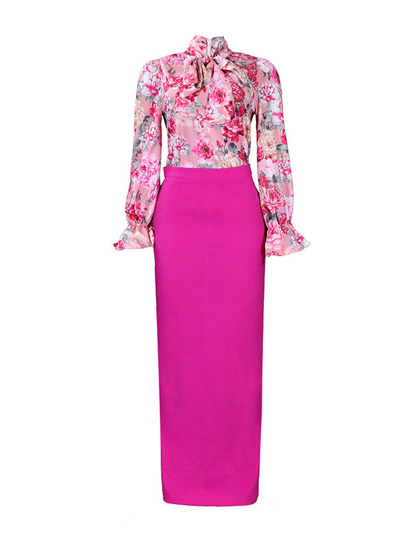 Long Sleeves Printed Blouse + Split-back Color Skirt Two Pieces Set