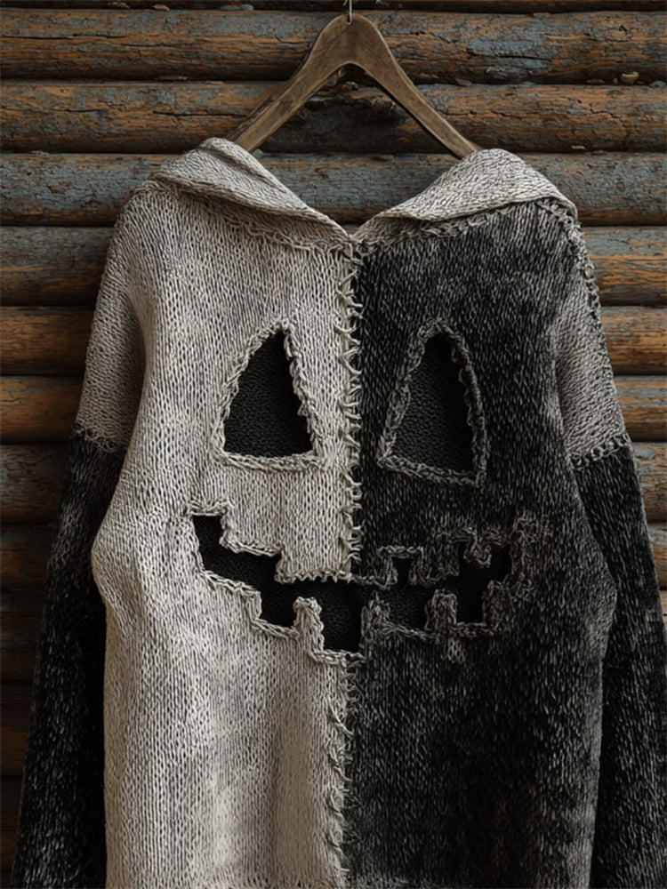 Halloween Pumpkin Face Contrast Stitched Cozy Knit Hooded Sweater elevenforest
