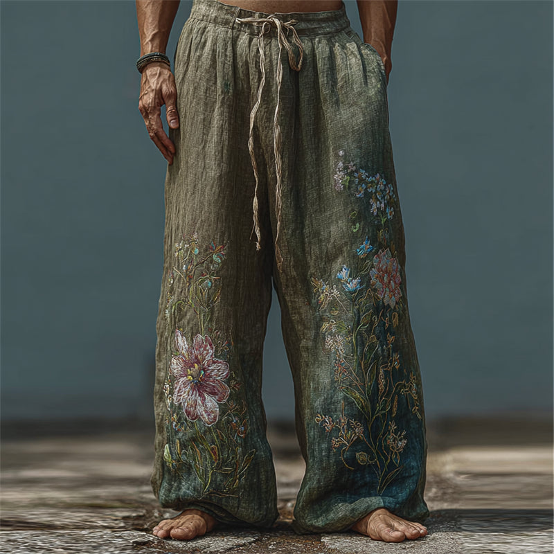 Men's Boho Floral Embroidered Gradient Wide Leg Linen Pants elevenforest
