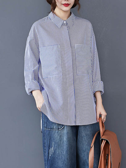 Loose Striped Split-joint With Pocket Lapel Collar Long Sleeves Blouse