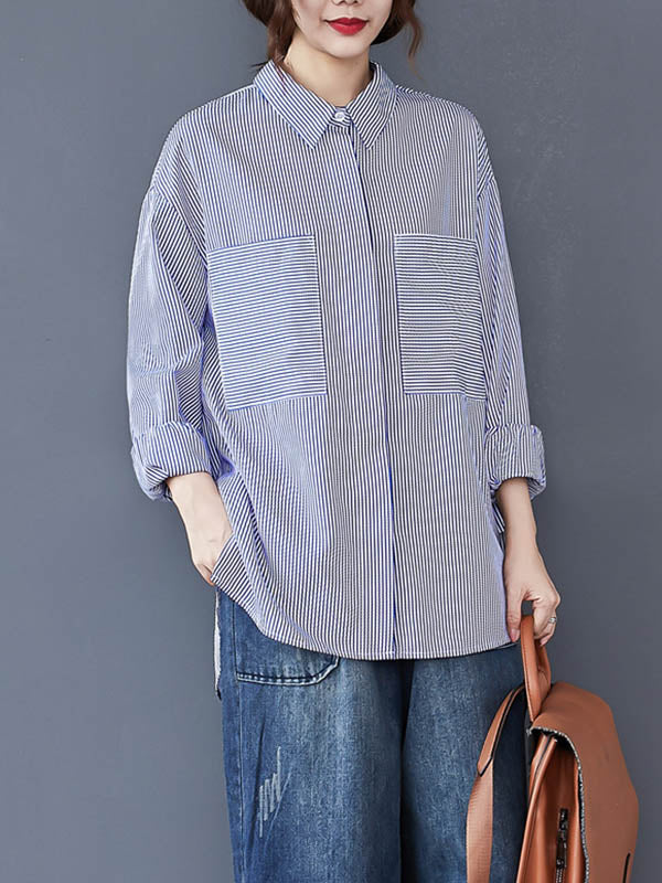 Loose Striped Split-joint With Pocket Lapel Collar Long Sleeves Blouse
