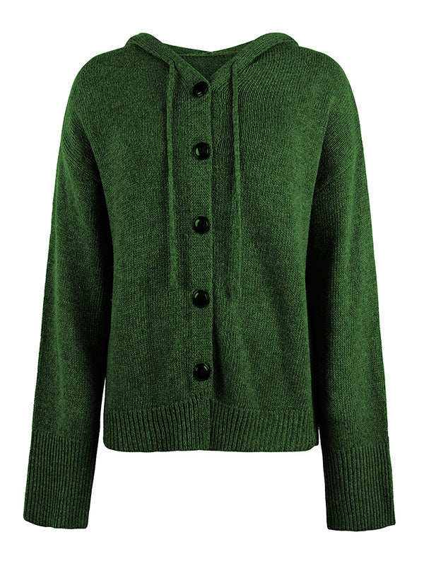 Wrap Buttoned Hooded Color Cardigan