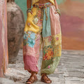 Women's Vintage Bohemian Floral Embroidery Patchwork Art Linen Blend Pants elevenforest