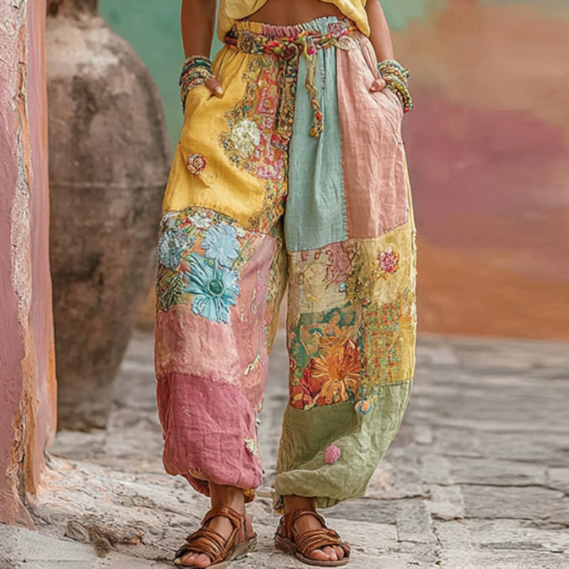 Women's Vintage Bohemian Floral Embroidery Patchwork Art Linen Blend Pants elevenforest