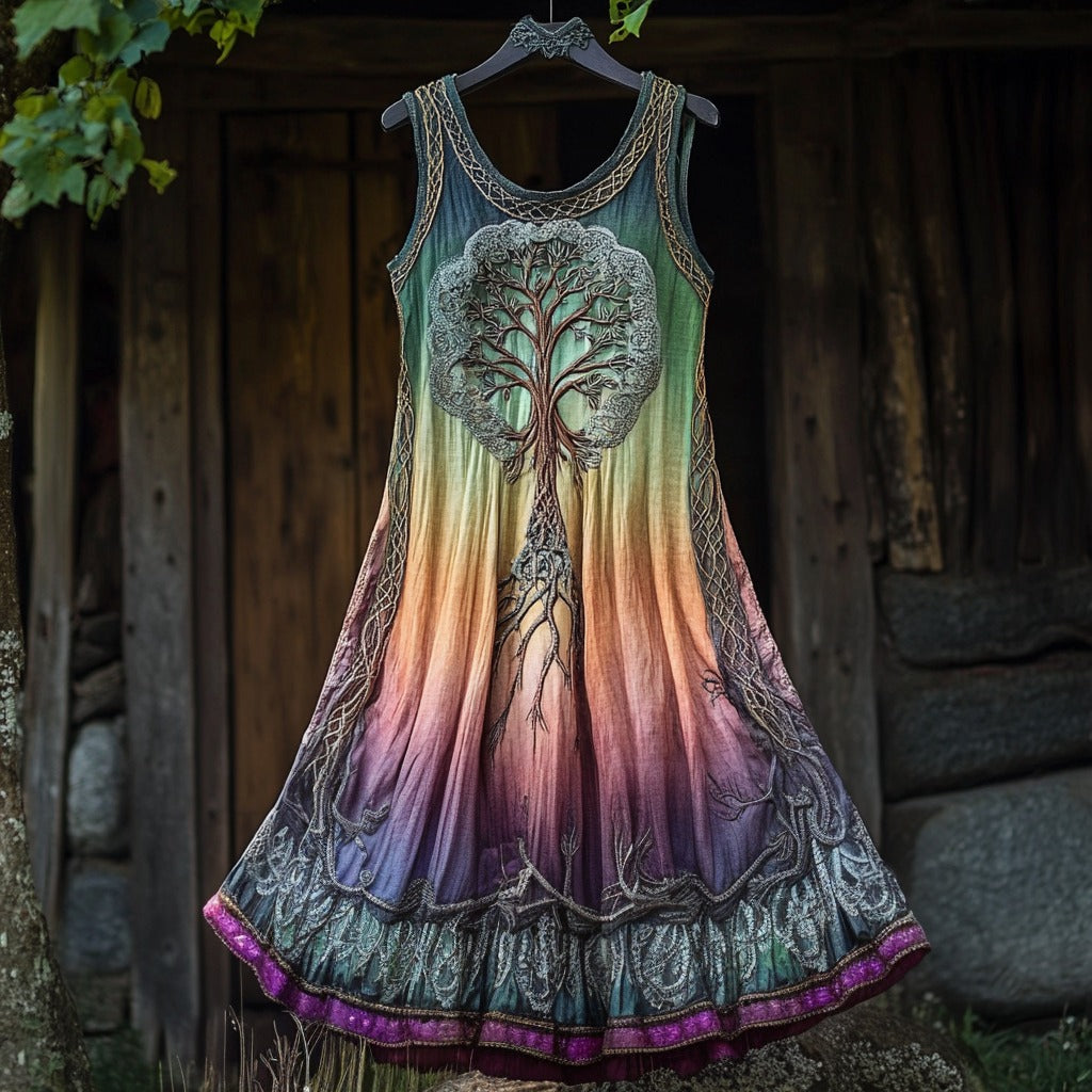 Vintage Tribal Life Of Tree Gradient Art Linen Tank Dress elevenforest