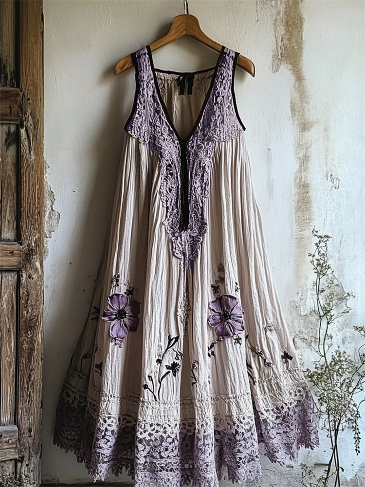 Boho Floral Embroidered Lace Patchwork Linen Dress elevenforest