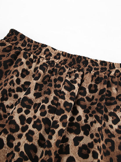 Loose Leopard Split-joint Lapel Long Sleeves Tied Waist Blouse + Elasticity Pants Trousers Two Pieces Set