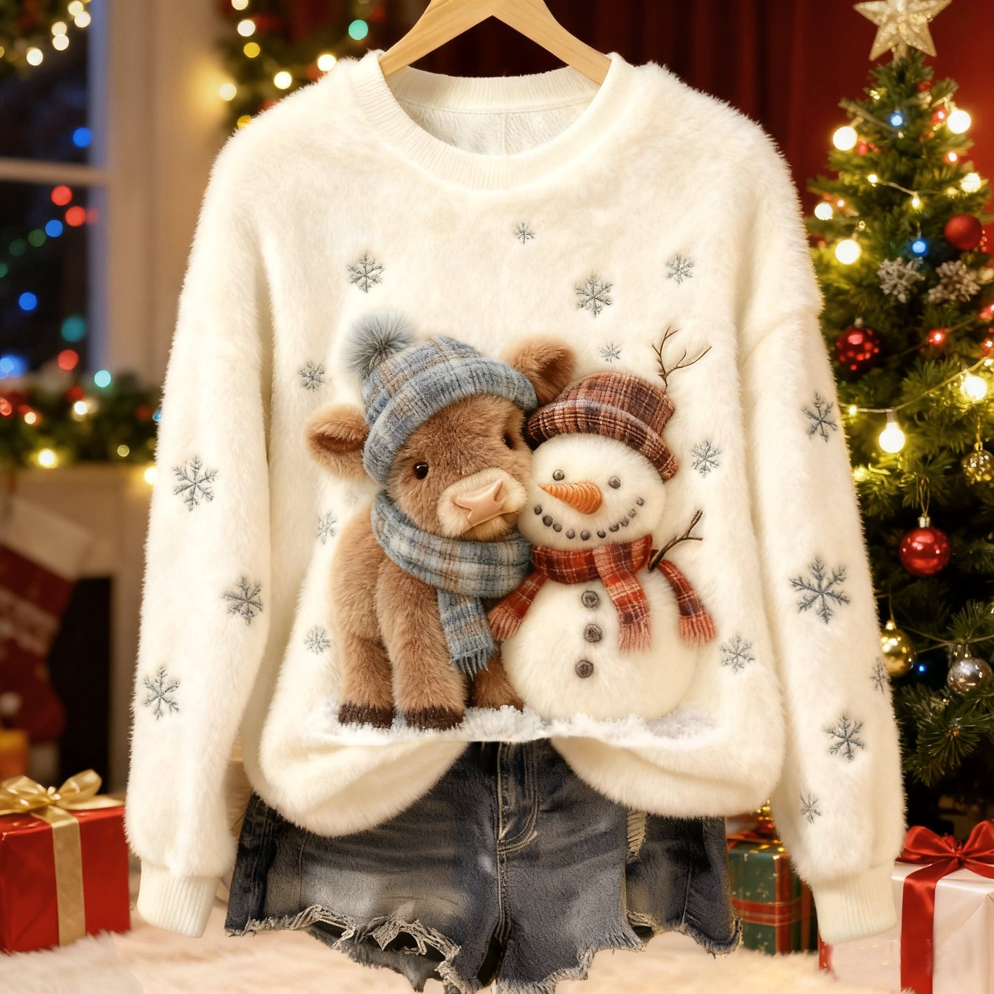 Comstylish Cute Highland Cow And Snowman Art Plush Pattern Christmas Sweater