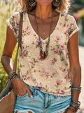Vintage Floral Art Print 100%Cotton V-neck T-Shirt
