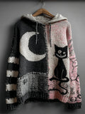 Comstylish Halloween Black Cat & Moon Contrast Patchwork Cozy Knit Hooded Sweater