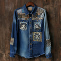 Vintage Sequins & Cat Head Art Women's Long Sleeve Denim Shirt elevenforest