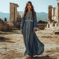 Retro Contrast Color Greek Key Small V Neck Linen Blend Maxi Dress elevenforest