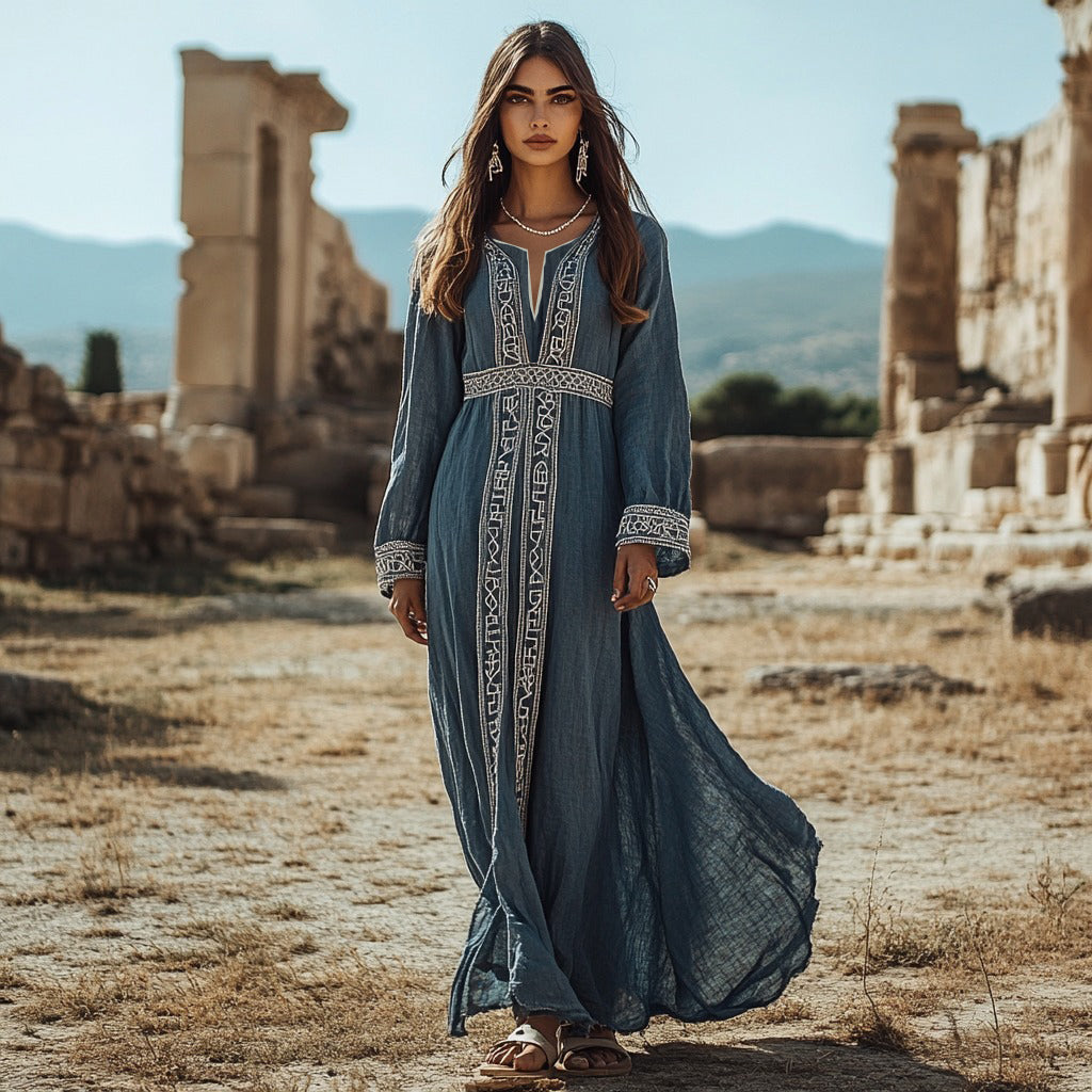 Retro Contrast Color Greek Key Small V Neck Linen Blend Maxi Dress elevenforest