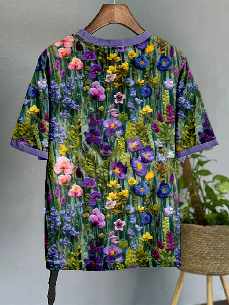Comstylish Elegant Violet Wildflower Embroidery Art Washed T Shirt