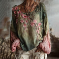 Vintage Cherry Blossom Gradient Linen Long Sleeve Shirt elevenforest