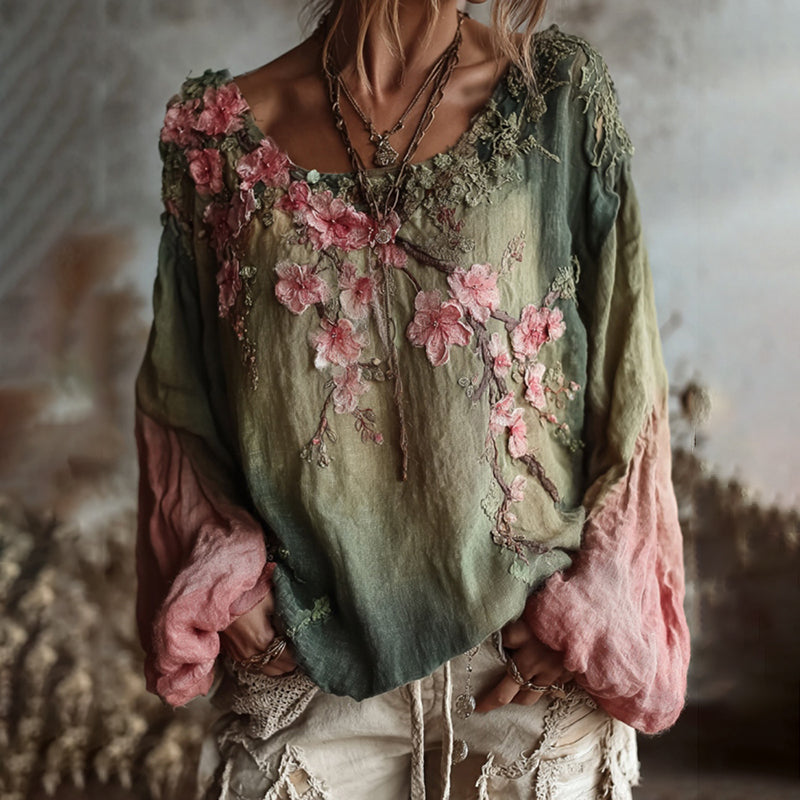 Vintage Cherry Blossom Gradient Linen Long Sleeve Shirt elevenforest