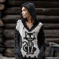 Comstylish Halloween Black Cat Skeleton Contrast Stitched Hooded Cozy Knit Sweater