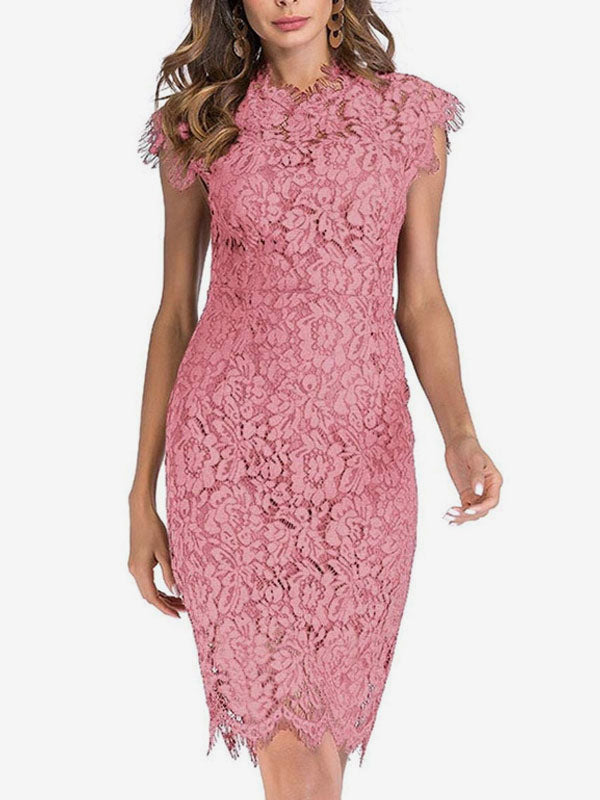 Birthday Bodycon Dresses Pink Sleeveless Designed Neckline Midi Dress Sheath Dress Pencil Dress