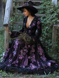 Vintage Witch Purple Roses Glitter Embroidered Wide Skirted Dress elevenforest