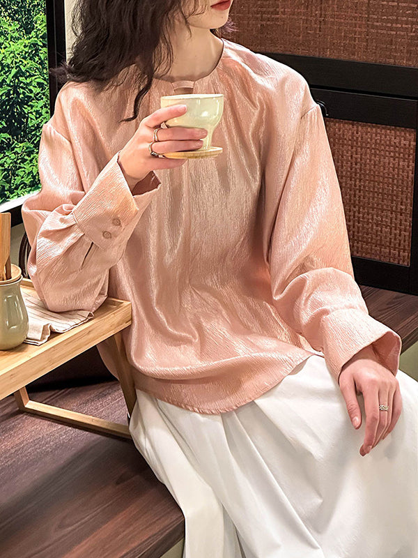 Long Sleeves Loose Hollow Shiny Color Round-neck Blouses&shirts Tops