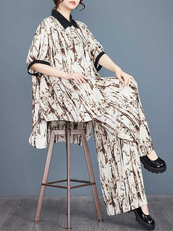 Half Sleeves High-low Buttoned Pleated Printed Split-side Lapel Blouses Top + Elasticity Pants Bottom Two Pieces Set