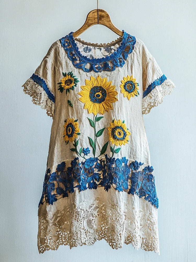 Sunflower Vintage Lace Embroidery Patchwork Women's Linen Dress elevenforest