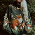 Forest Fox & Mushroom Embroidery Women's Knit Turtleneck Sweater artswardrobe