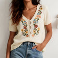 Comstylish Women's Retro Bohemian Floral Embroidery V-neck Knit T-shirt