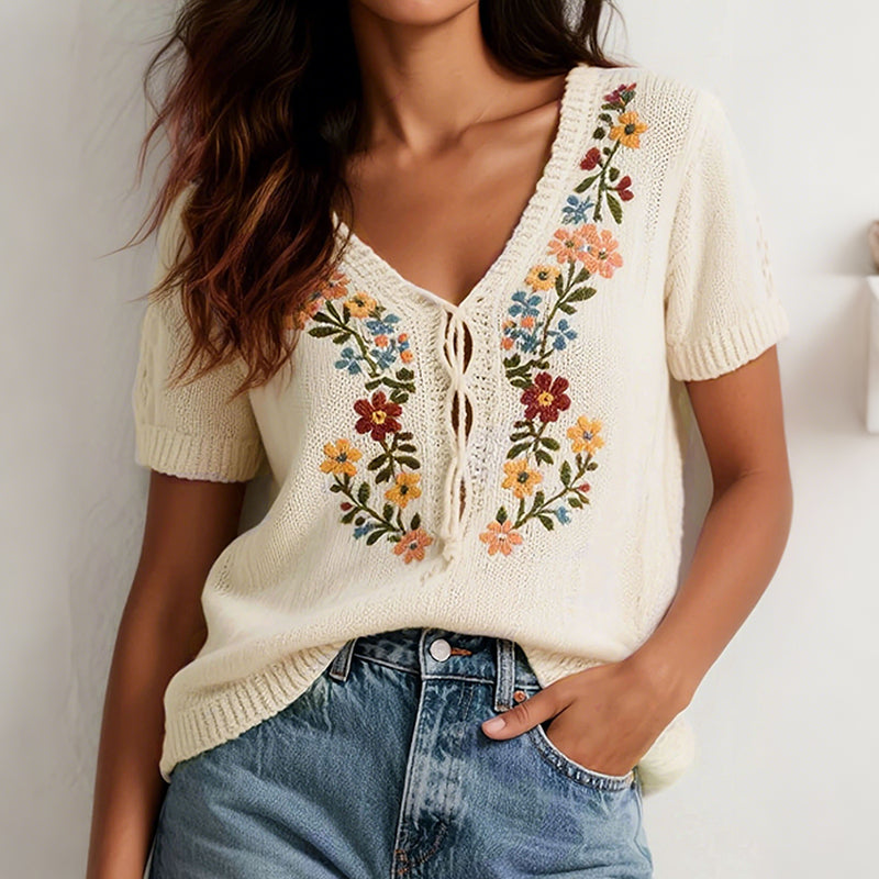Comstylish Women's Retro Bohemian Floral Embroidery V-neck Knit T-shirt