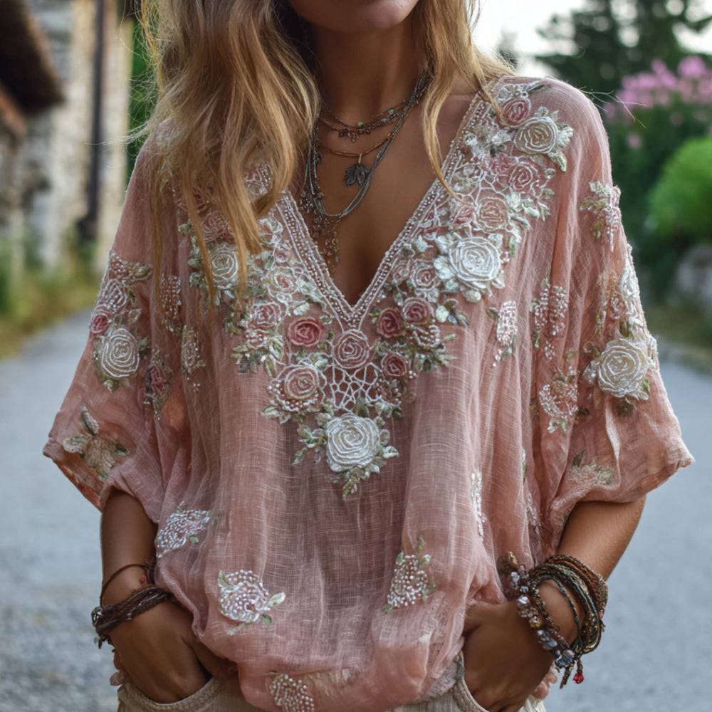 Women's Embroidered Rose Pink Casual Short-sleeved Shirt elevenforest
