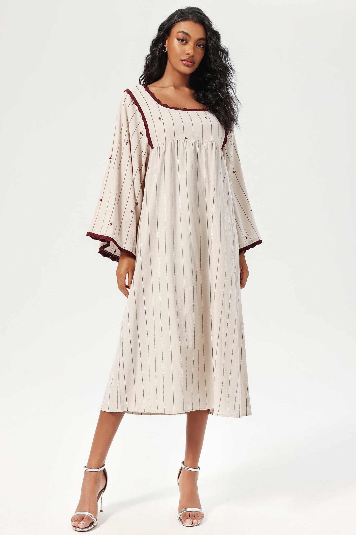 Striped Flared Sleeve Square Collar Knit Midi Dress