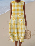 Floral Checkered Pattern Linen Tank Dress elevenforest