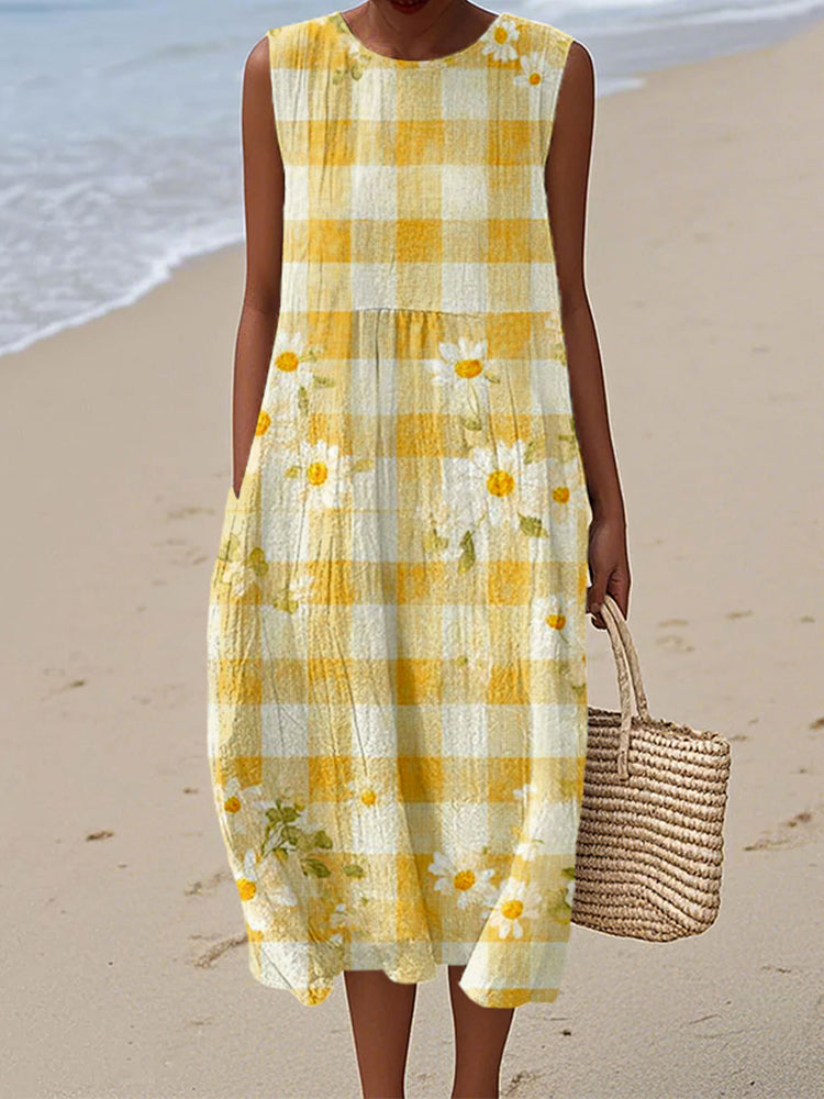 Floral Checkered Pattern Linen Tank Dress elevenforest