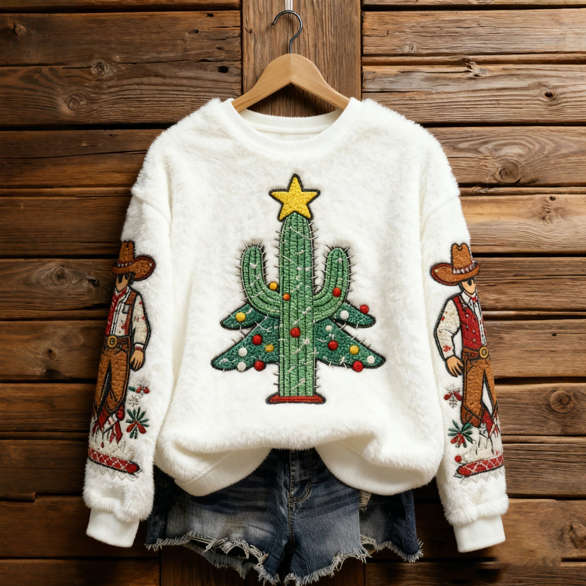 Comstylish Cactus Christmas Tree Pattern Warm Crew Neck Sweater