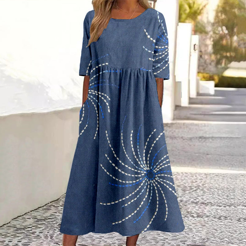 Japanese Firework Sashiko Art Linen Maxi Dress elevenforest