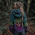 Women's Vintage Viking Skull And Rose Gradient Art Knit Hooded Sweater elevenforest