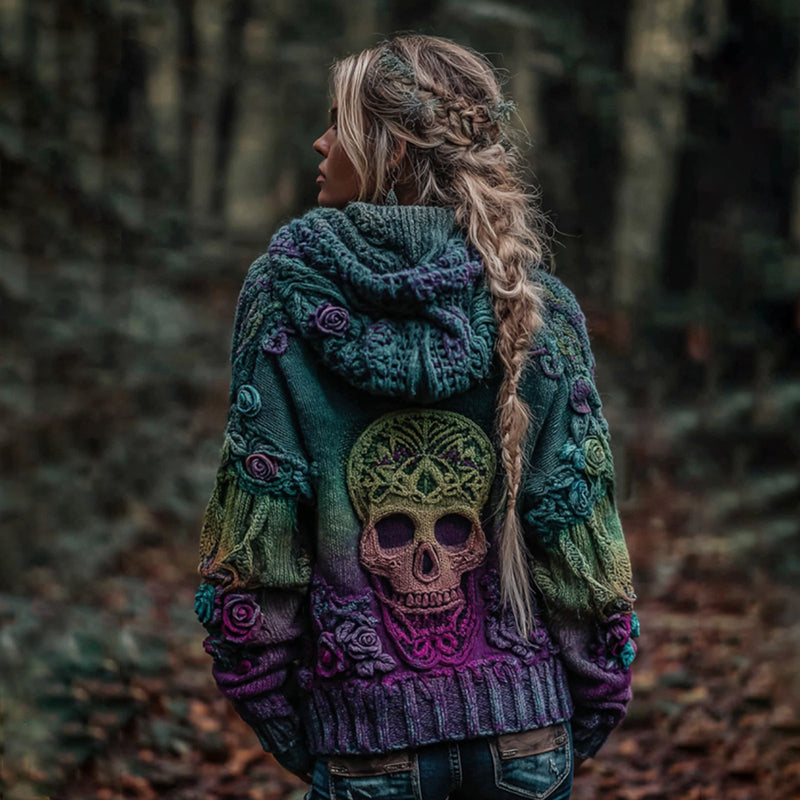 Women's Vintage Viking Skull And Rose Gradient Art Knit Hooded Sweater elevenforest