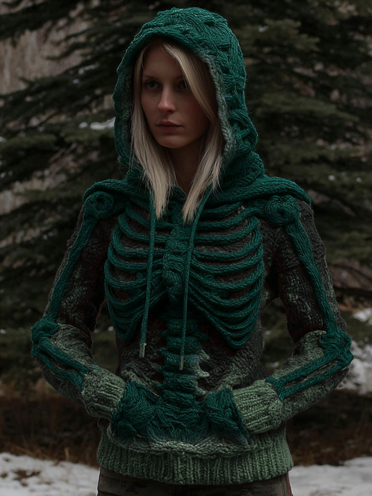 Comstylish Women's Vintage White Skeleton Gradient Art Cozy Hooded Sweater