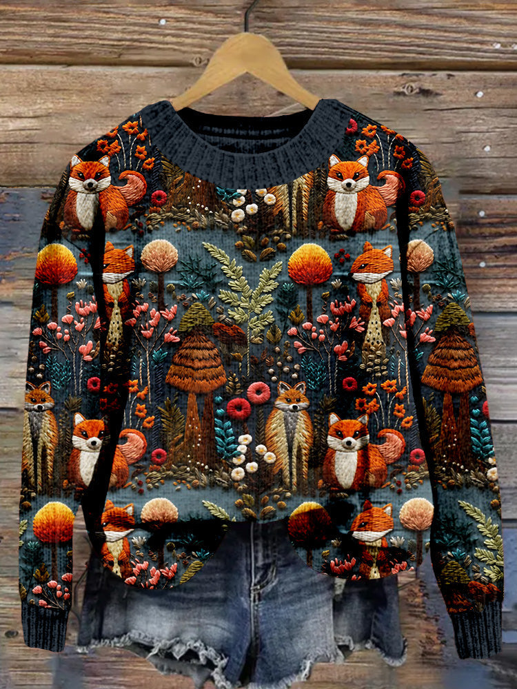 Cute Forest Fox Embroidery Art Cozy Knit Sweater artswardrobe