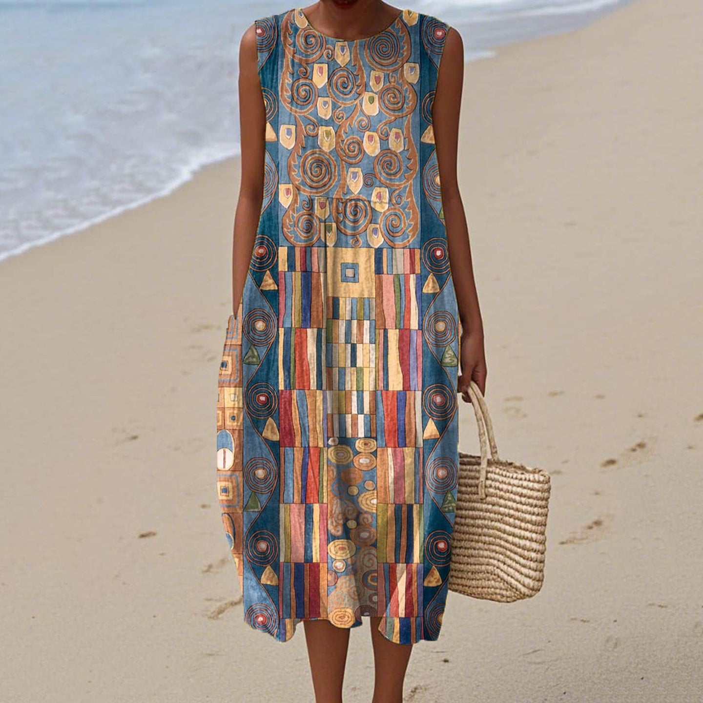 Women's Abstract Geometric Art Print Sleeveless Dress elevenforest