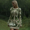 Women's Vintage Skeleton With White Rose Art Cozy Sweater Dress elevenforest