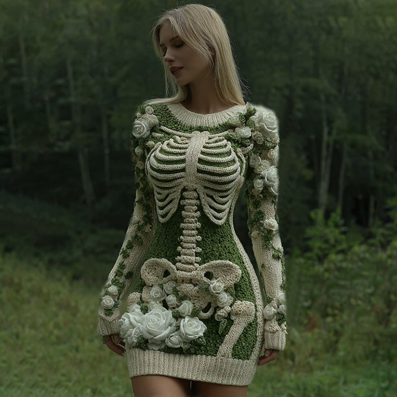 Women's Vintage Skeleton With White Rose Art Cozy Sweater Dress elevenforest