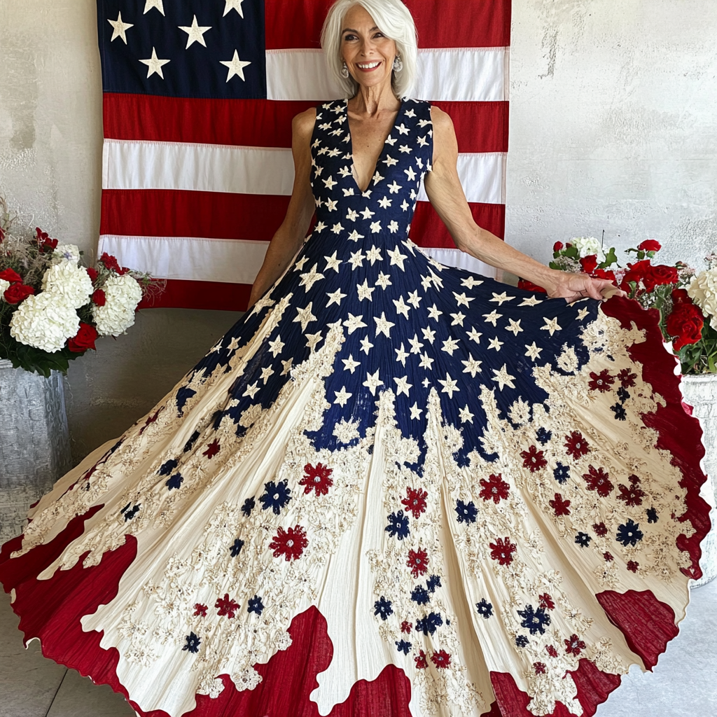 Women's Independence Day Flag And Floral Print Sleeveless V Neck Dress elevenforest