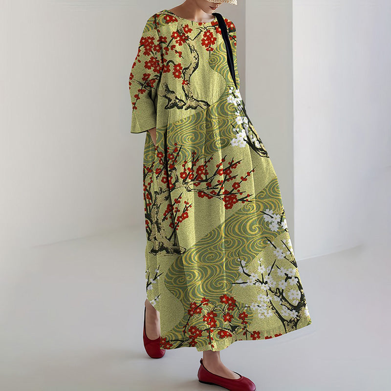 Comstylish Women's Japanese Cherry Blossom Print Loose Midi Dress