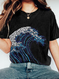 Japanese Wave Inspired Rhinestone Art Vintage T Shirt elevenforest