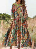 Women's Bohemian Ethnic Geometric Art Print Flowy Cotton Crew Neck Dre