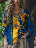 Ethnic Sunflowers Embroidered Contrast Patchwork Linen Tunic elevenforest