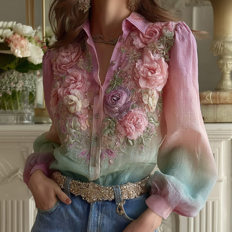 Women's Bohemian Floral Pattern Linen Shirt elevenforest