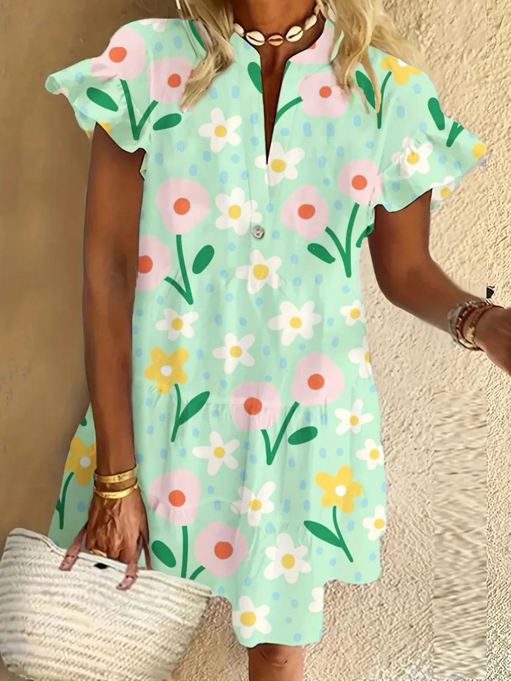 Flower Ruffled Short-sleeved V-neck Buttoned Dress Vacation Beach Dress